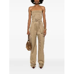 Strapless Belted Cotton Jumpsuit In Brown