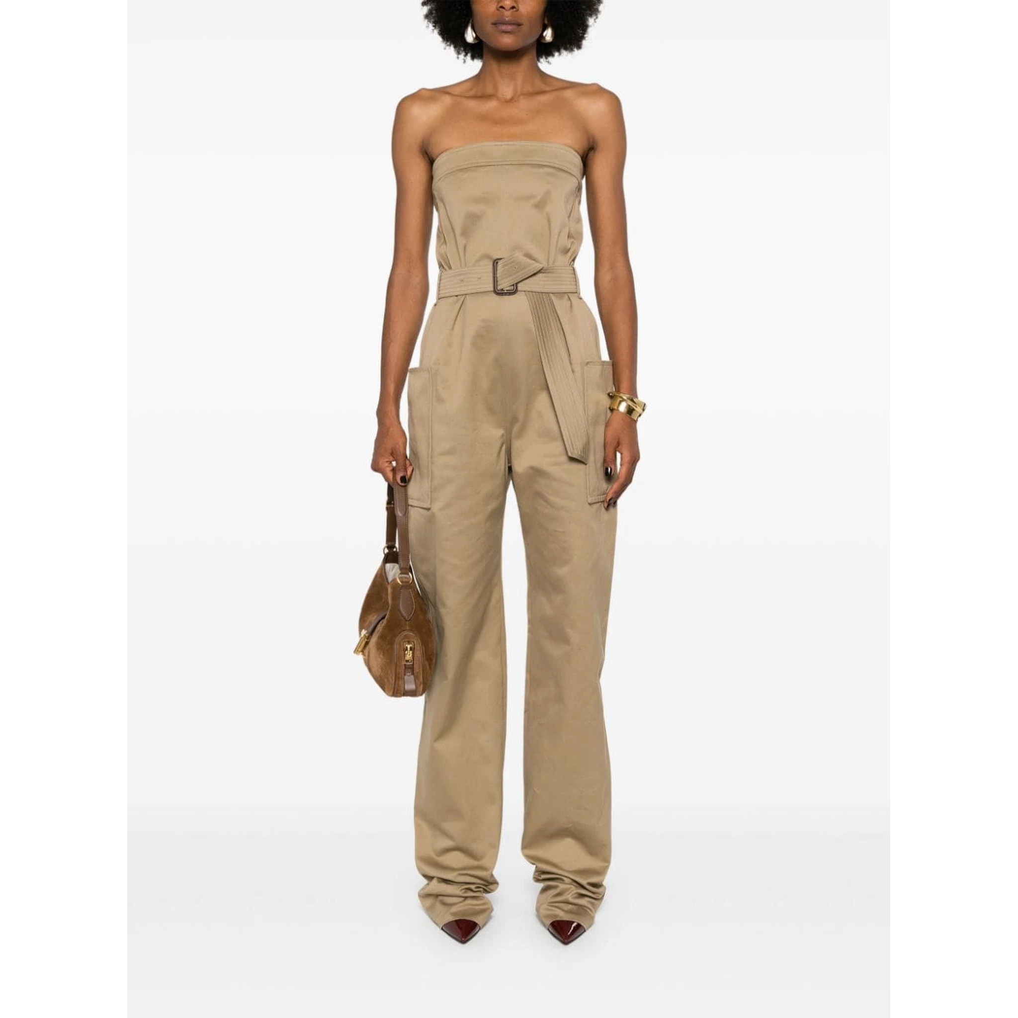 Strapless Belted Cotton Jumpsuit In Brown