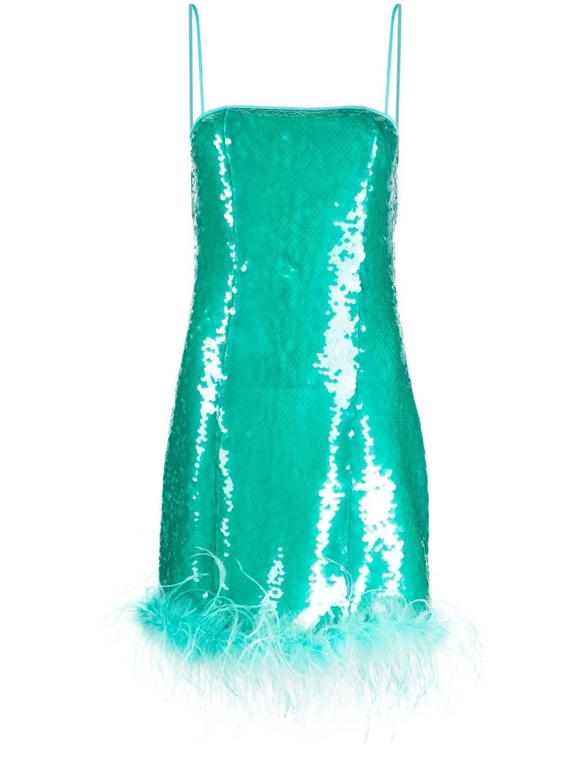 Feather-trimmed Sequin Embellished Sleeveless Dress In Clear Blue
