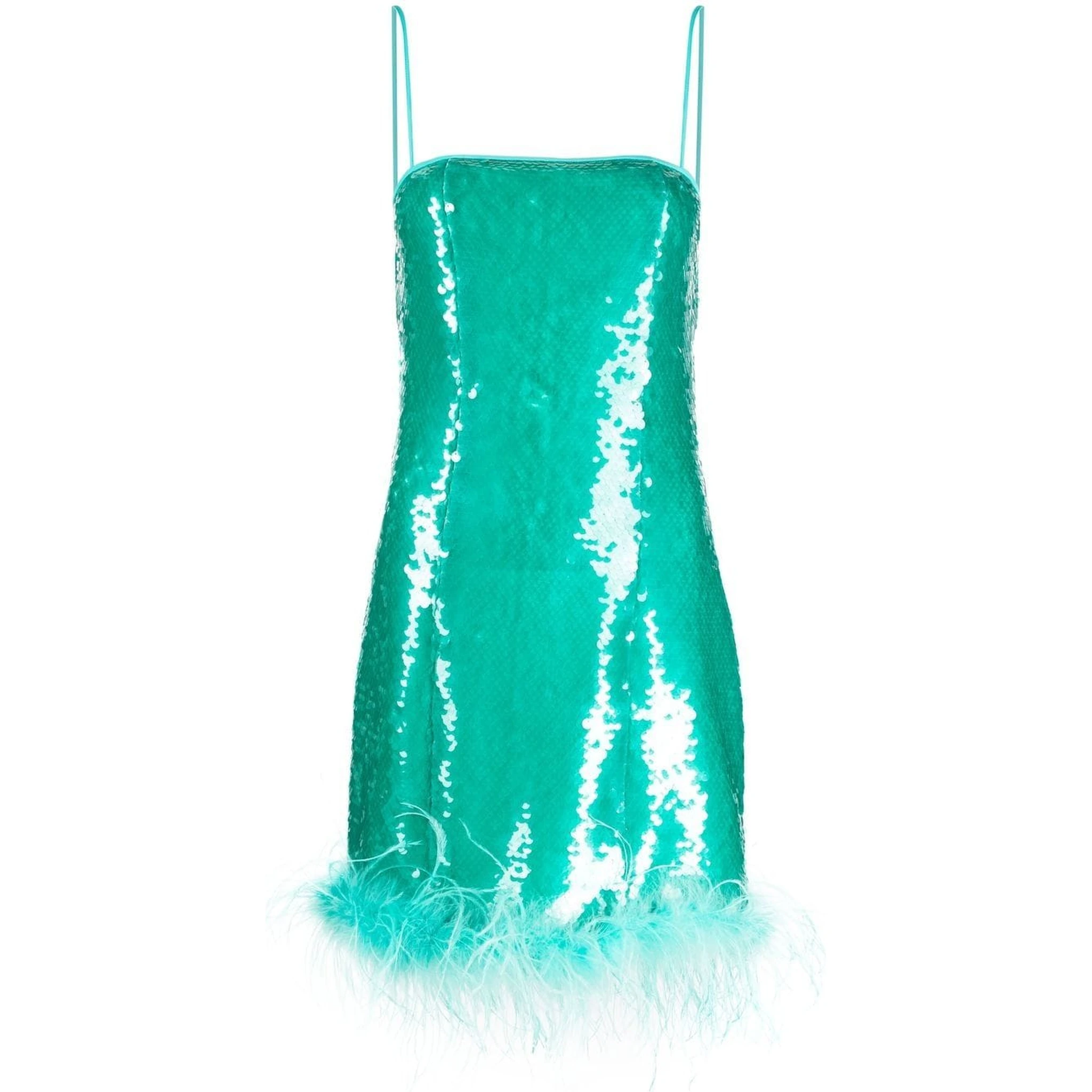 Feather-trimmed Sequin Embellished Sleeveless Dress In Clear Blue