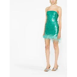 Feather-trimmed Sequin Embellished Sleeveless Dress In Clear Blue