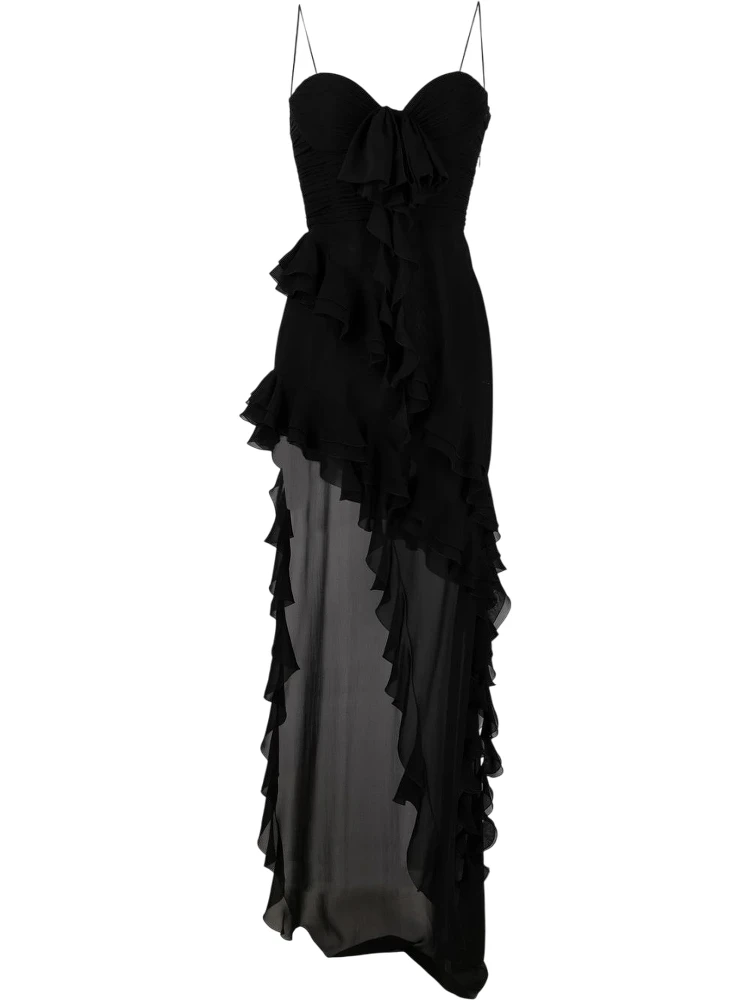 Silk Georgette Evening Dress With Ruffles Detail In Black