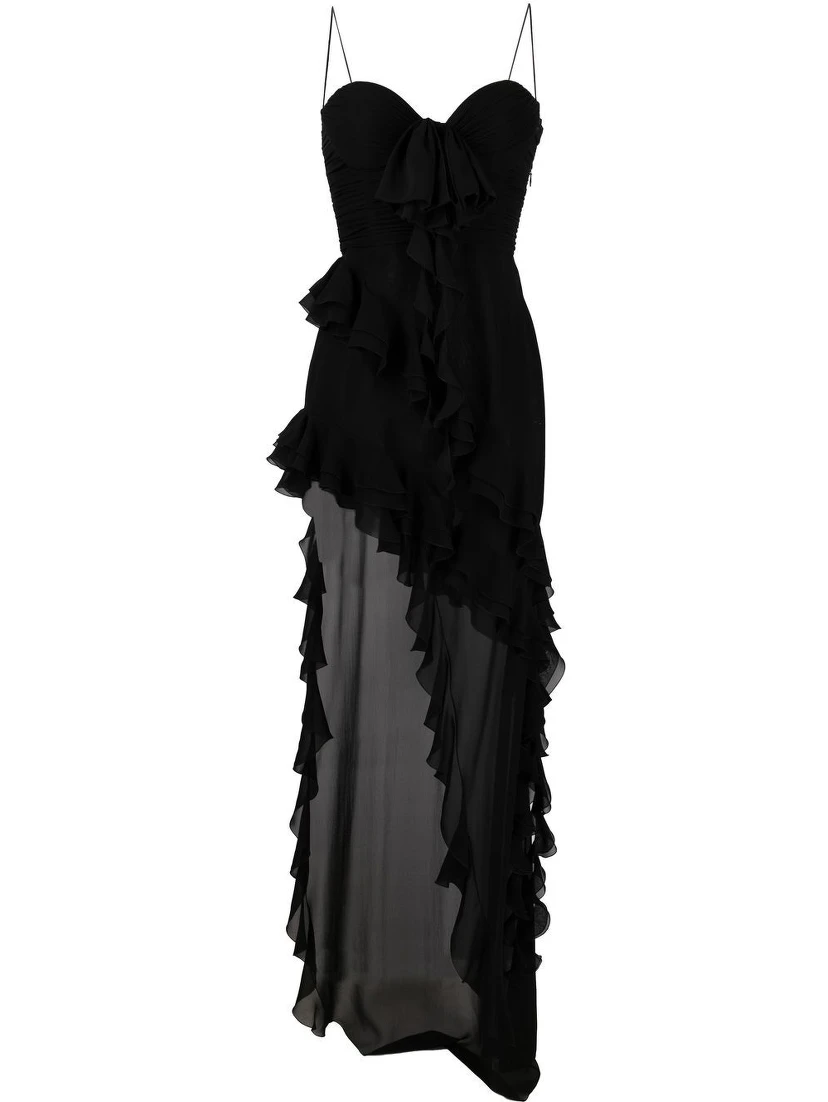 Silk Georgette Evening Dress With Ruffles Detail In Black