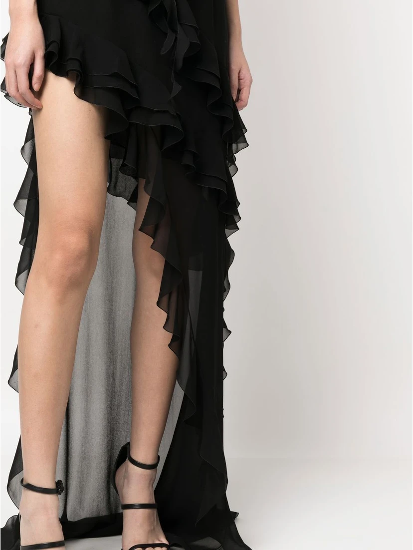 Silk Georgette Evening Dress With Ruffles Detail In Black