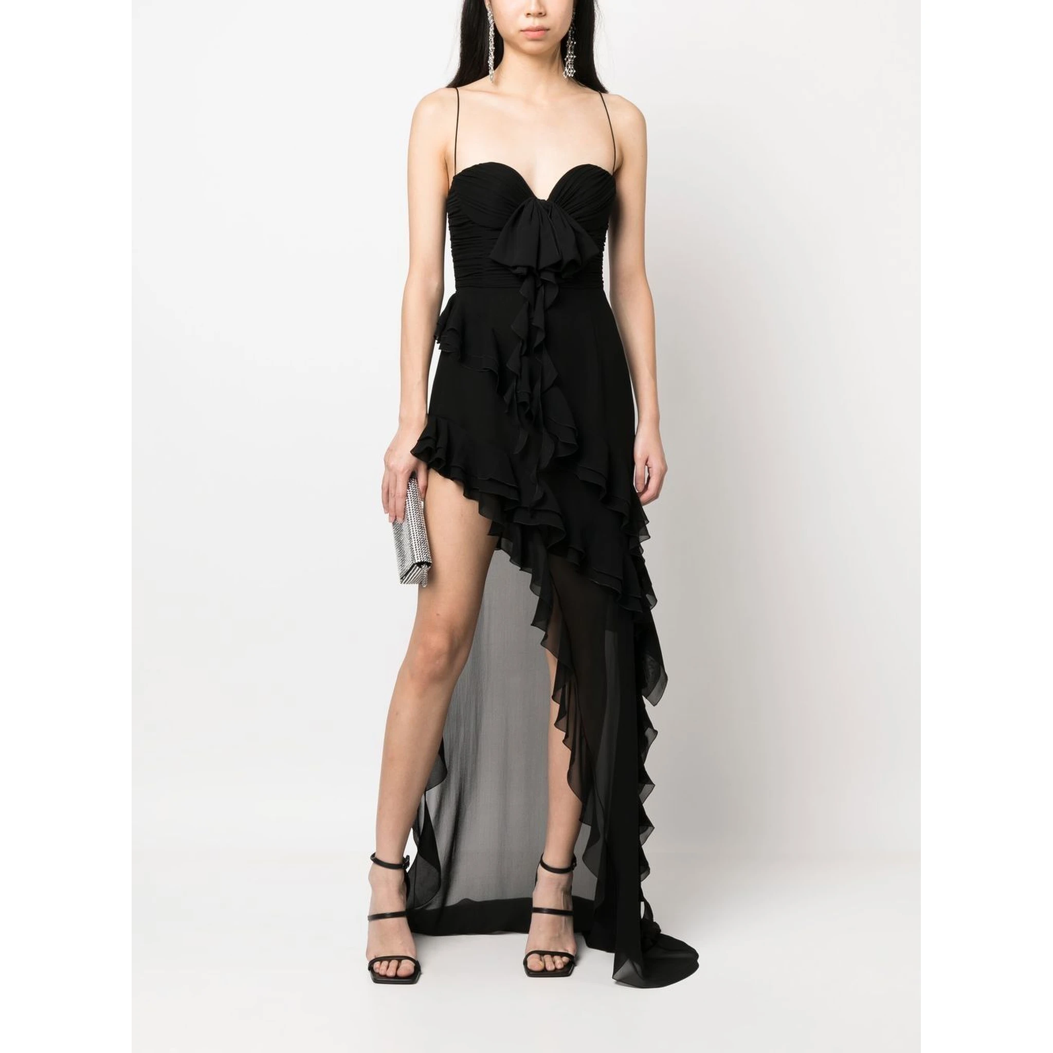 Silk Georgette Evening Dress With Ruffles Detail In Black