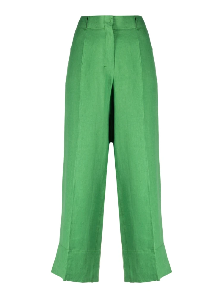 Washed Linen Cropped Trousers In Green