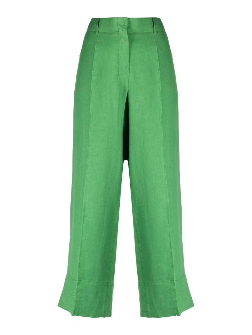 Washed Linen Cropped Trousers In Green