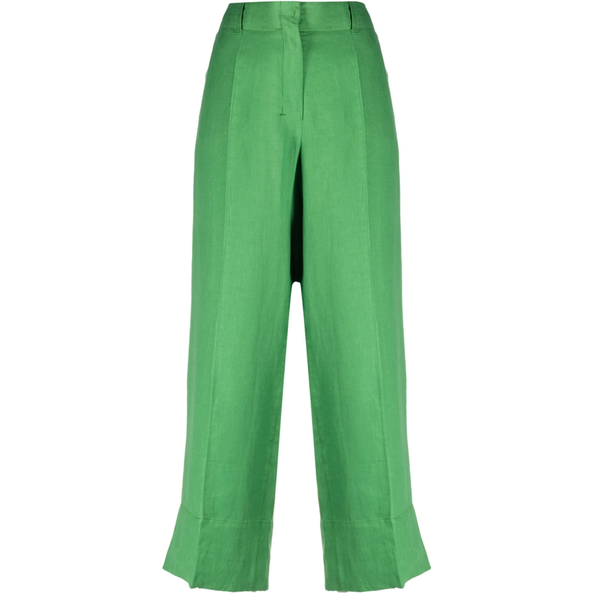 Washed Linen Cropped Trousers In Green