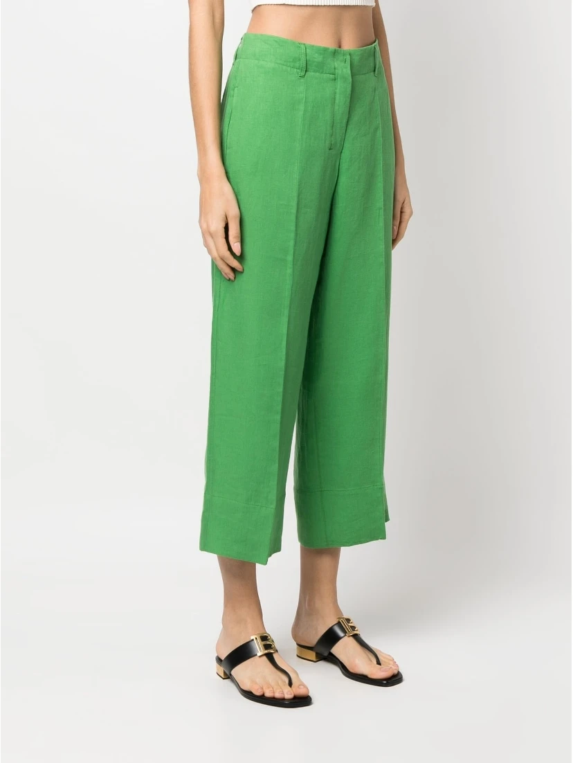 Washed Linen Cropped Trousers In Green