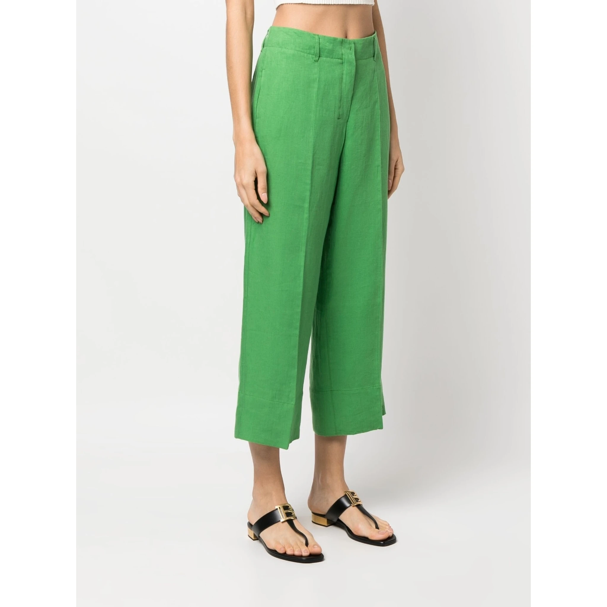 Washed Linen Cropped Trousers In Green