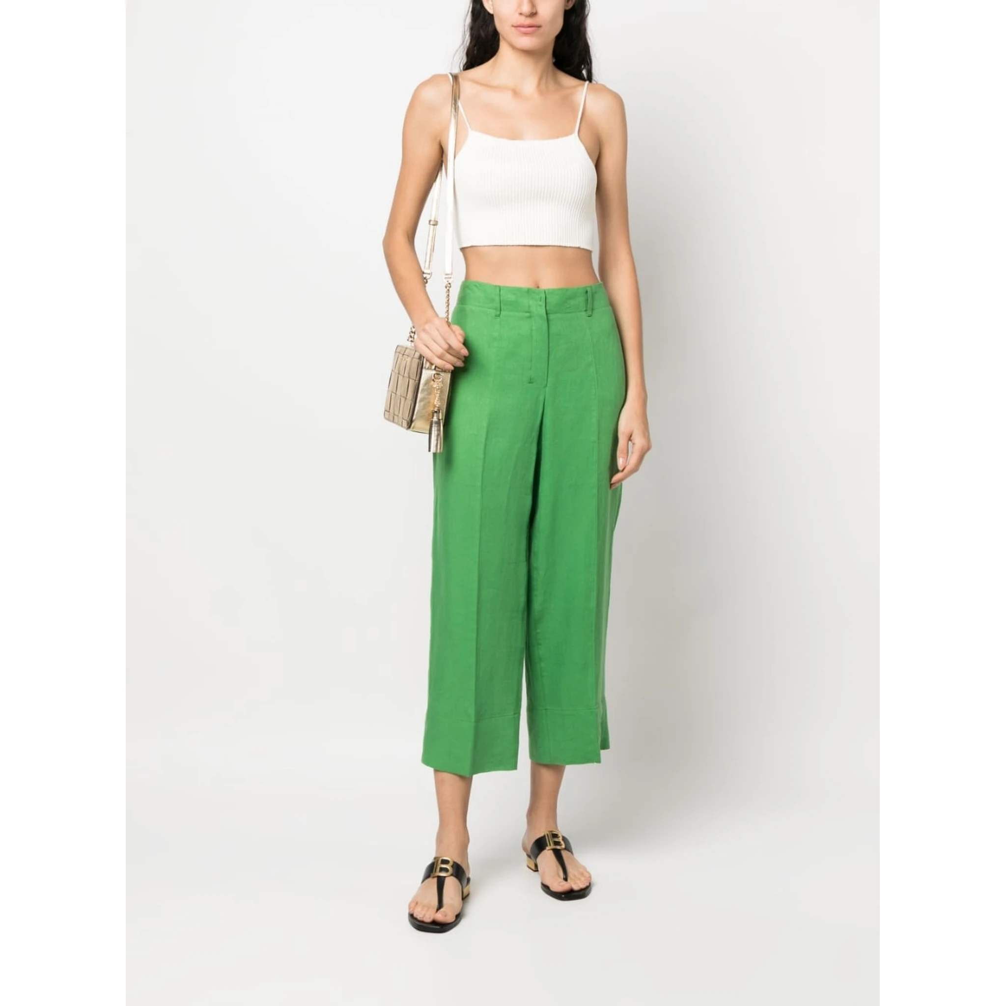 Washed Linen Cropped Trousers In Green