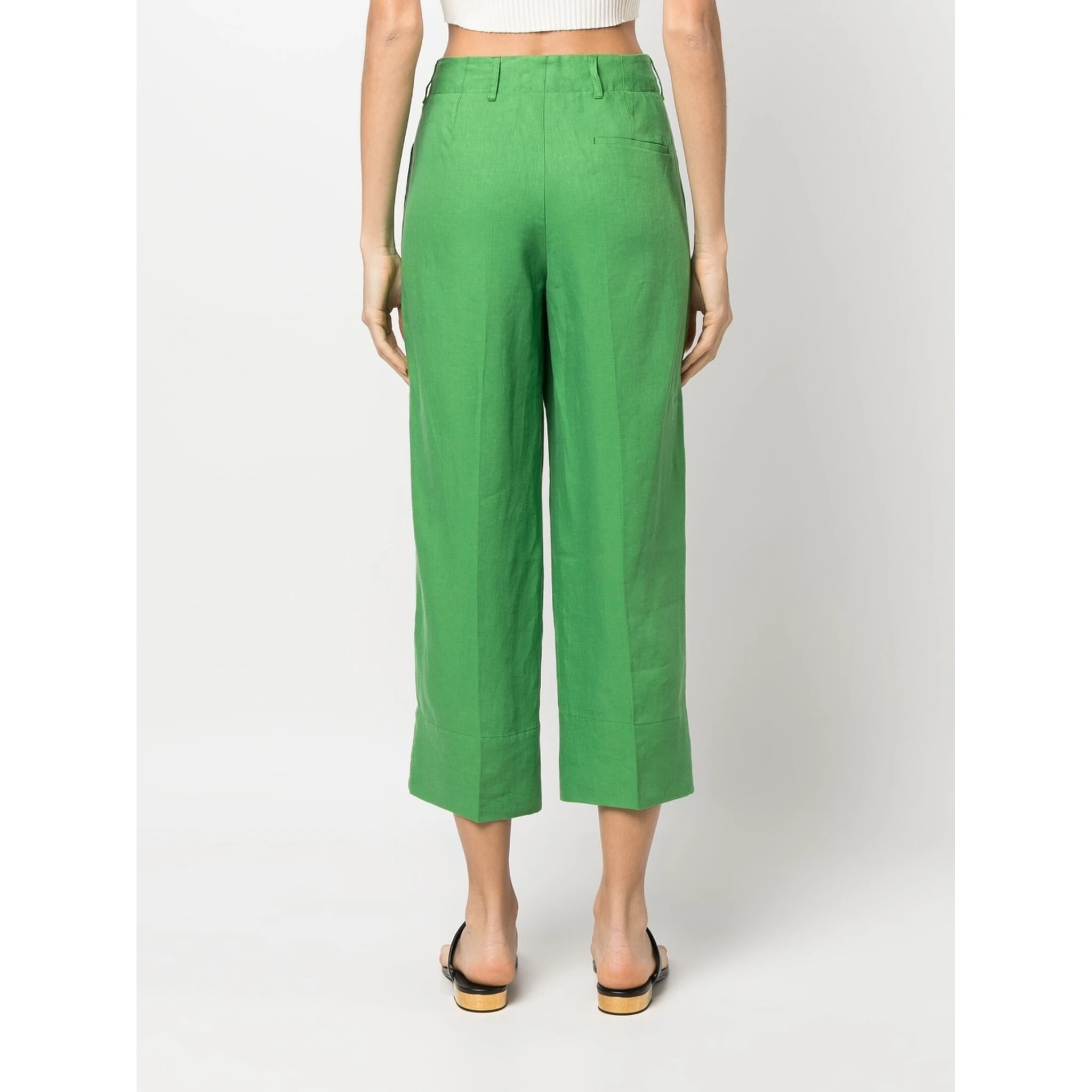 Washed Linen Cropped Trousers In Green