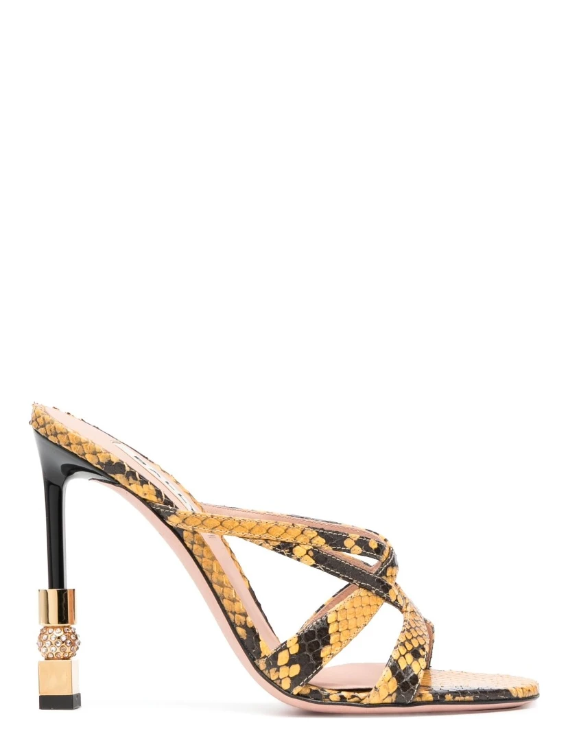 Snakeskin Print Leather Mules With Gold Hardware In Yellow