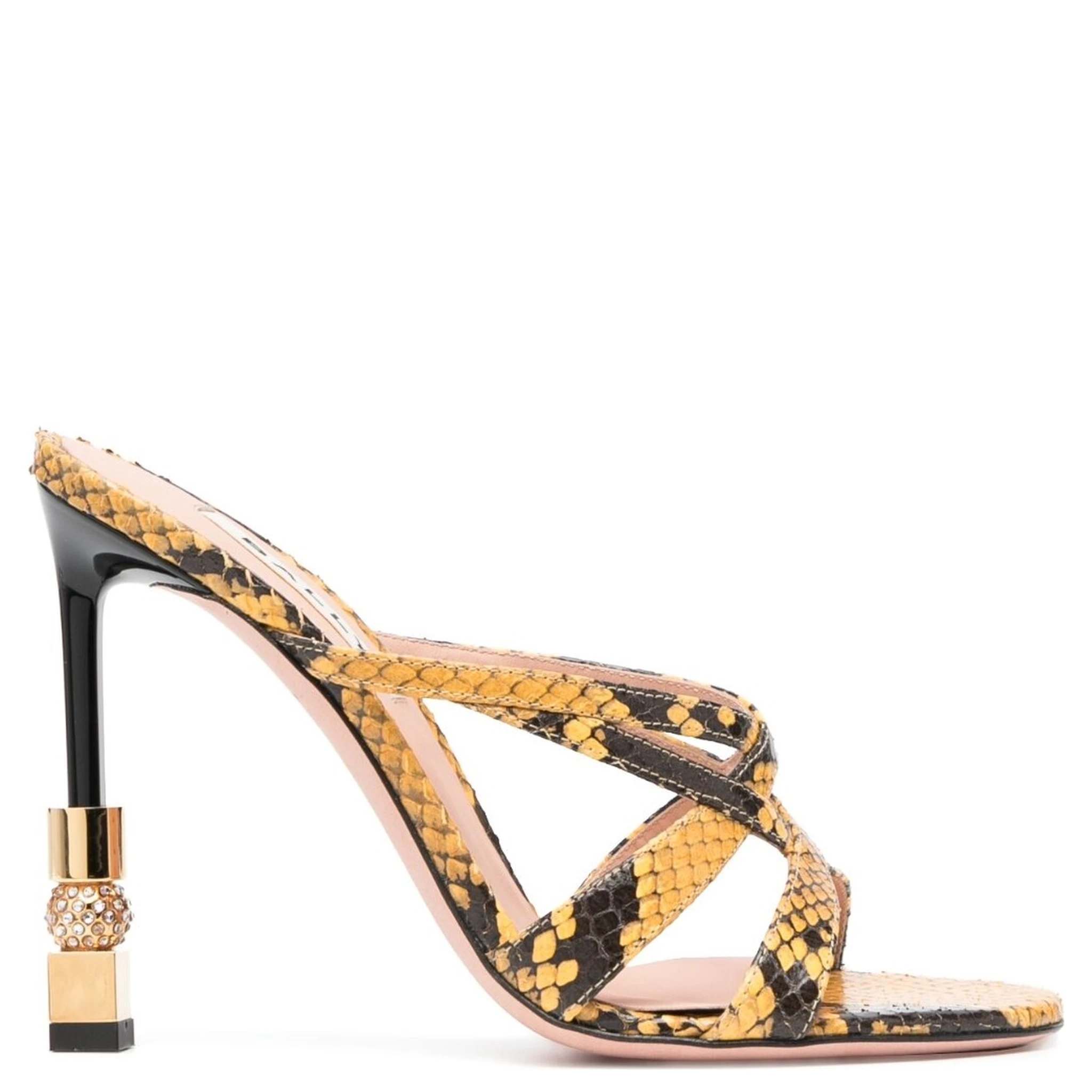 Snakeskin Print Leather Mules With Gold Hardware In Yellow