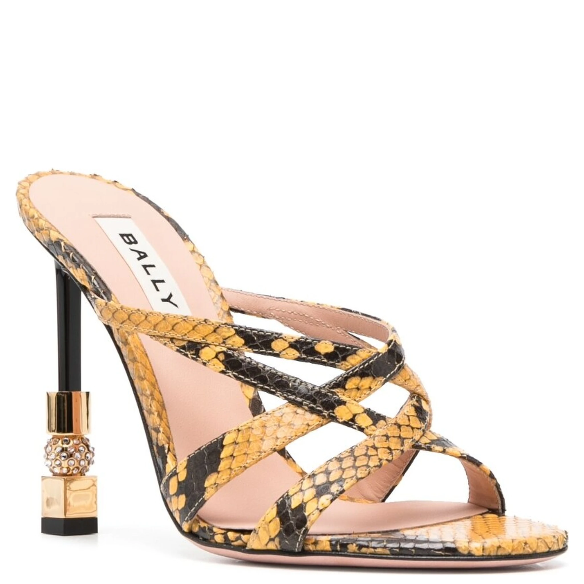 Snakeskin Print Leather Mules With Gold Hardware In Yellow