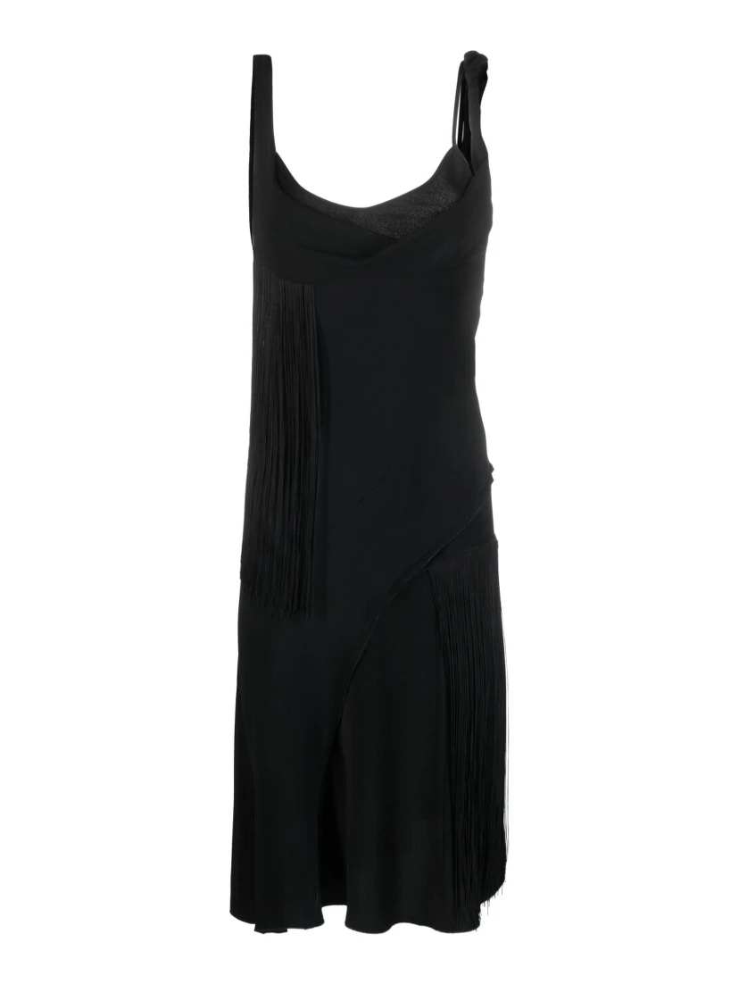 Fringed Asymmetrical Mini Dress In Black