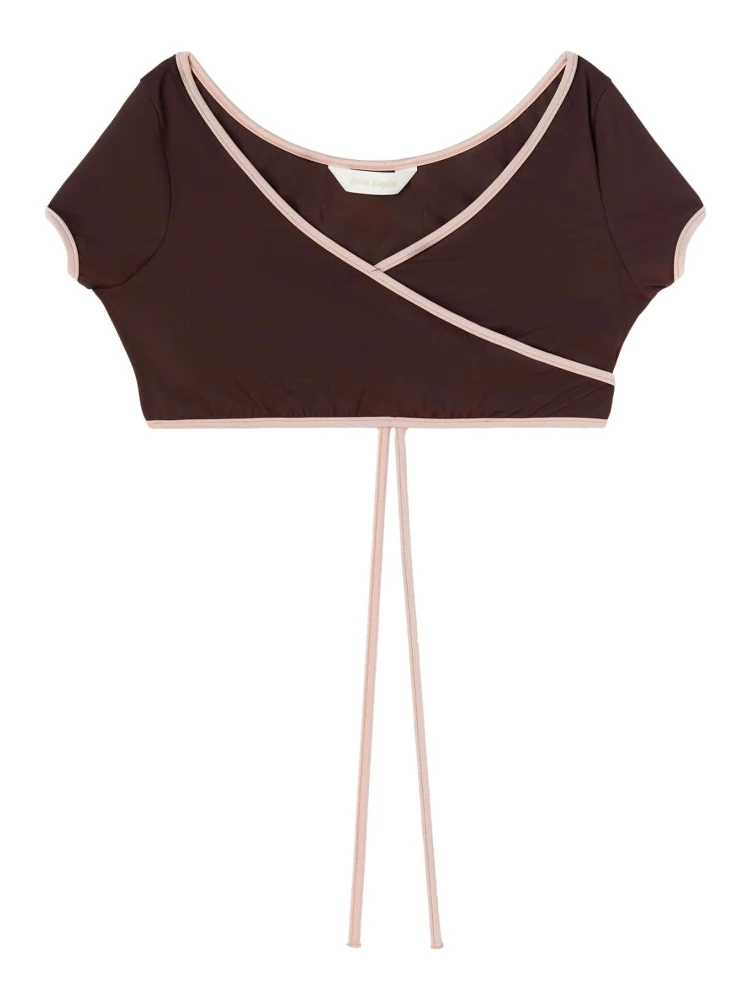 Cap-sleeves Bikini Top In Brown