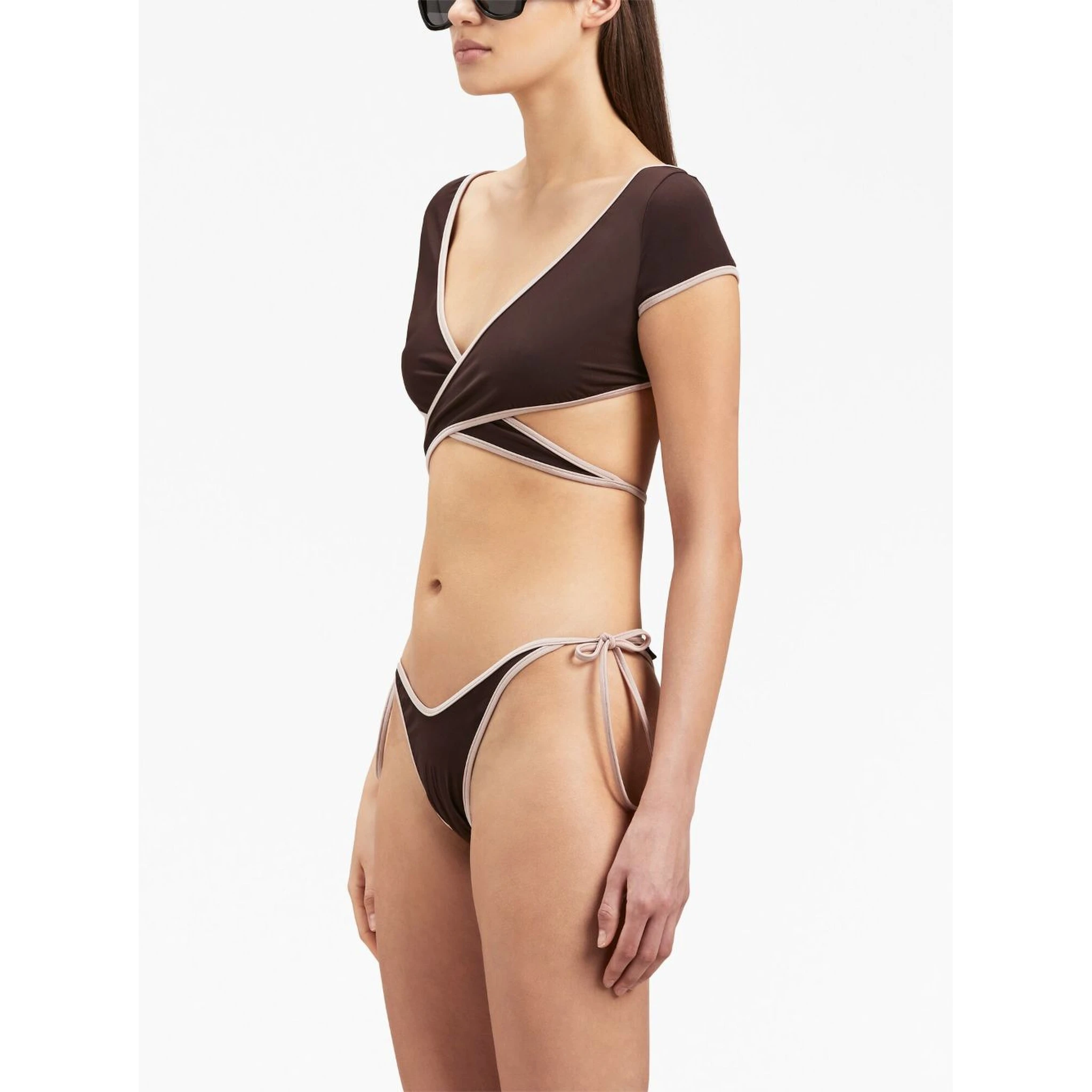 Cap-sleeves Bikini Top In Brown