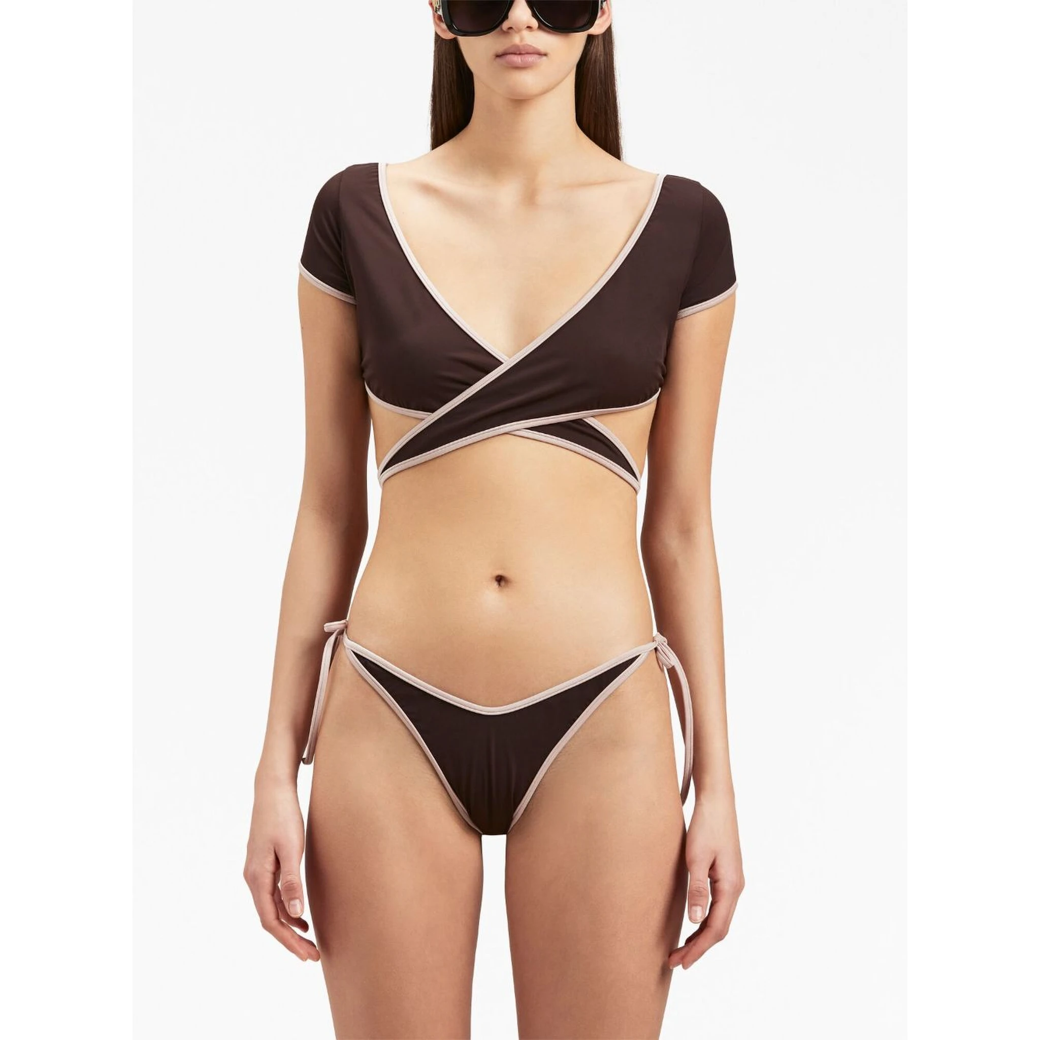Cap-sleeves Bikini Top In Brown