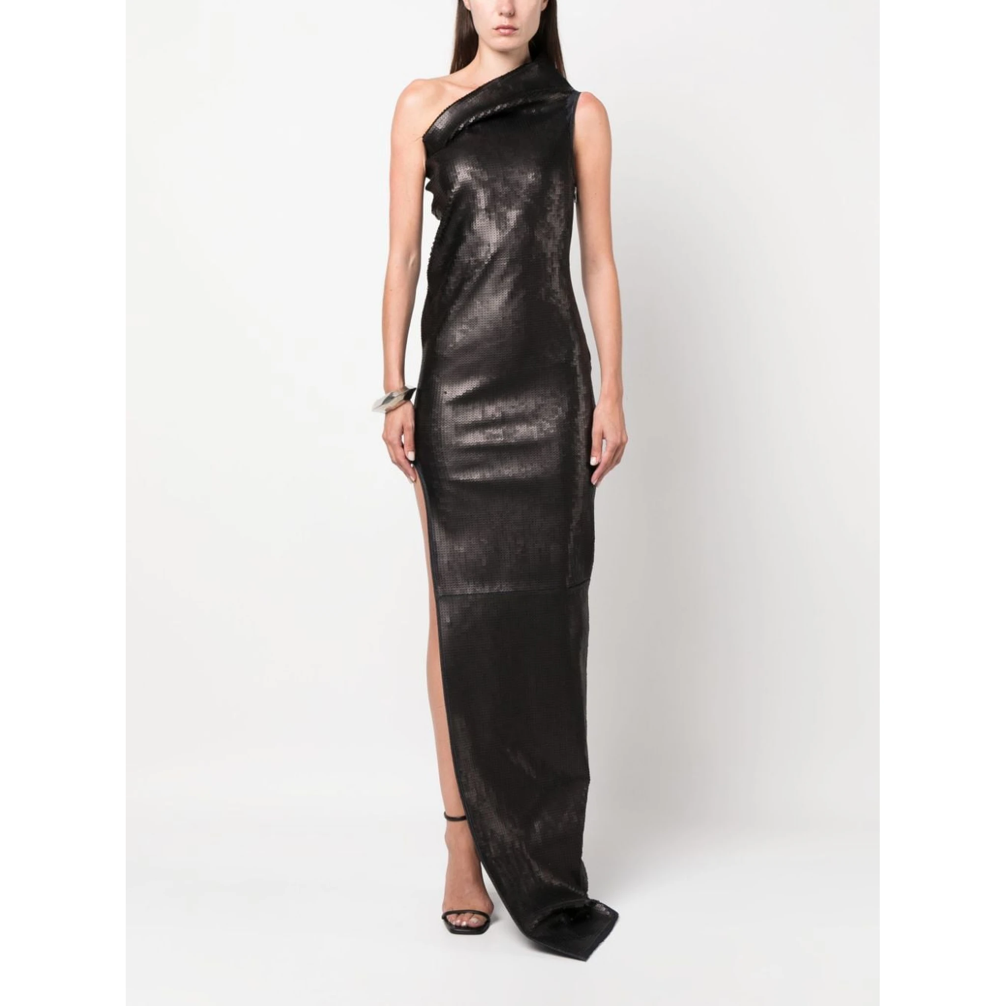 Asymmetric-neck Sequinned Maxi Dress In Black