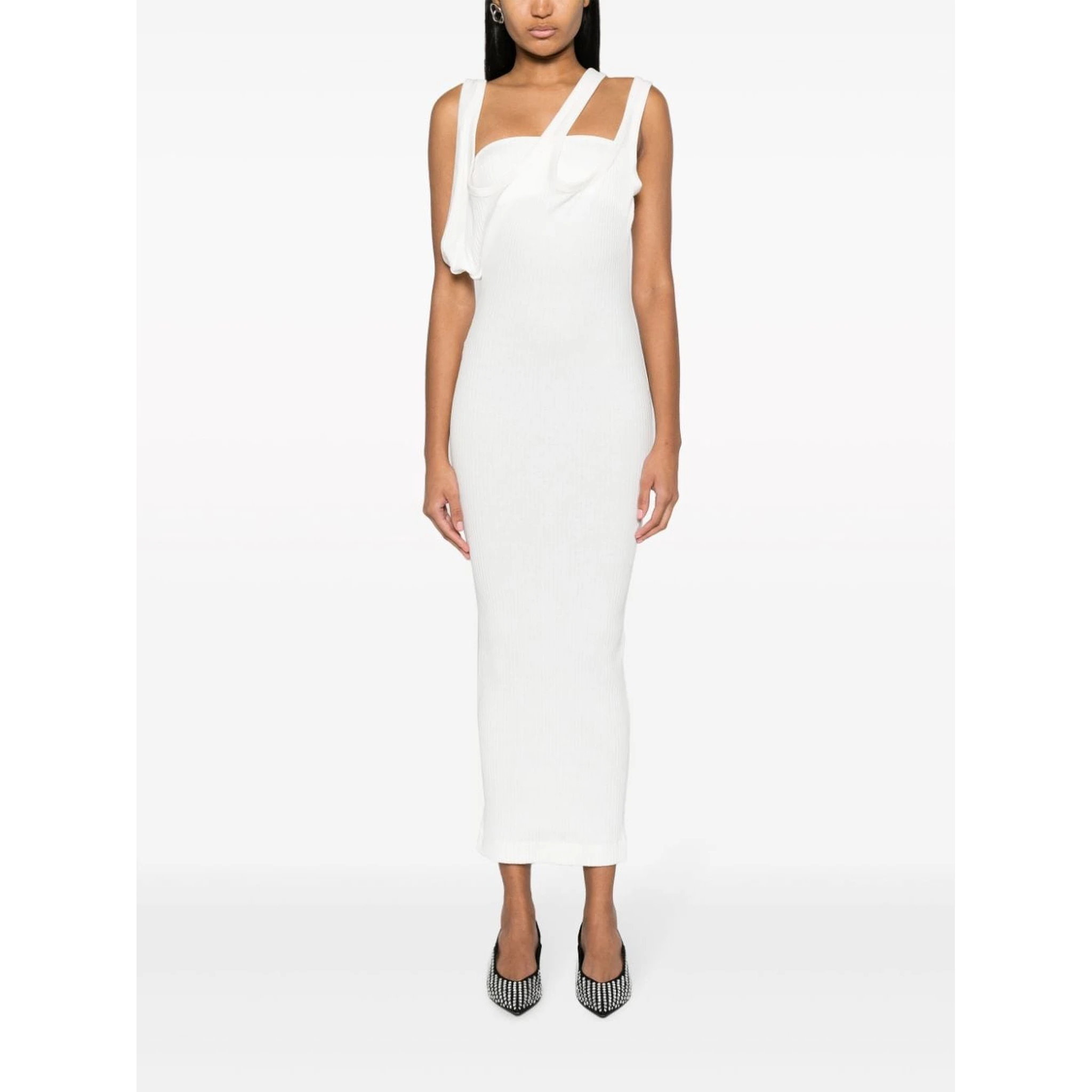asymmetric-neckline ribbed dress