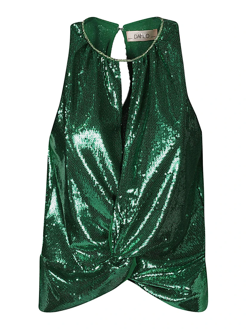 بلوزة قصيرة مزينة بالترتر باللون الأخضر الداكن