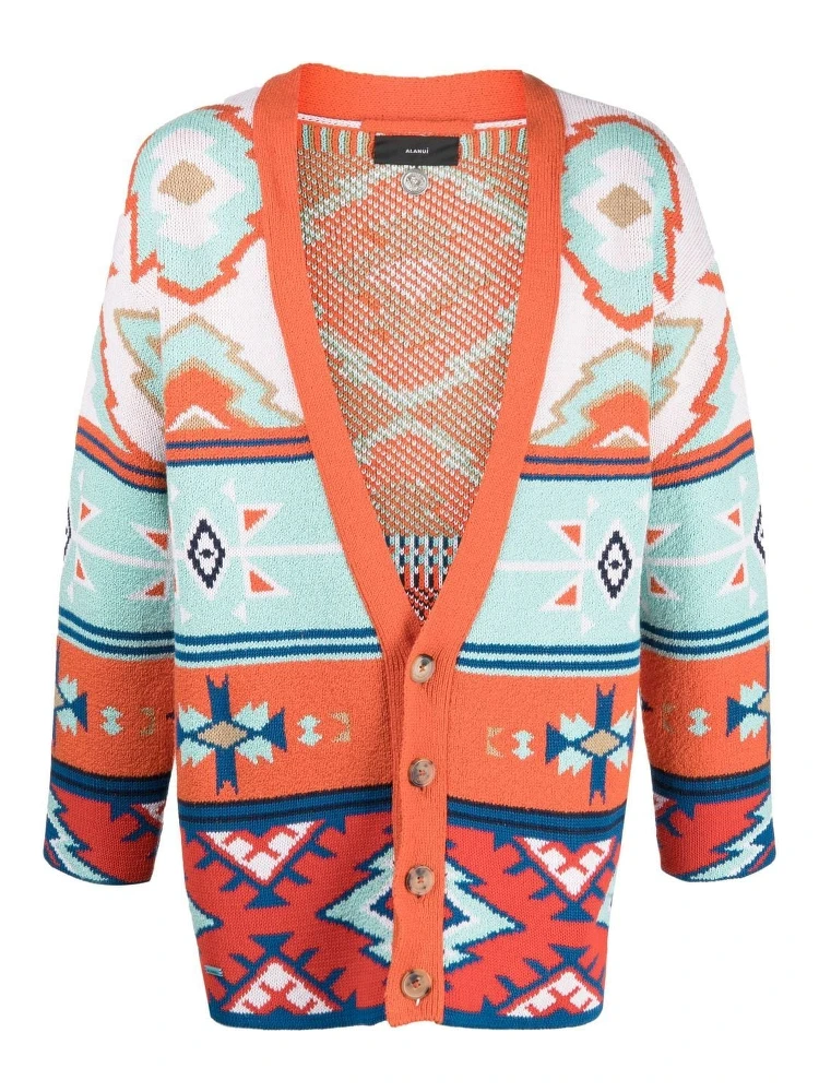 Jacquard Geometric V-neck Cardigan In Multicolor
