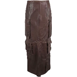 Leather Cargo Long Skirt In Brown