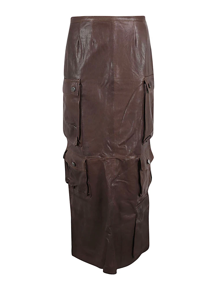 Leather Cargo Long Skirt In Brown