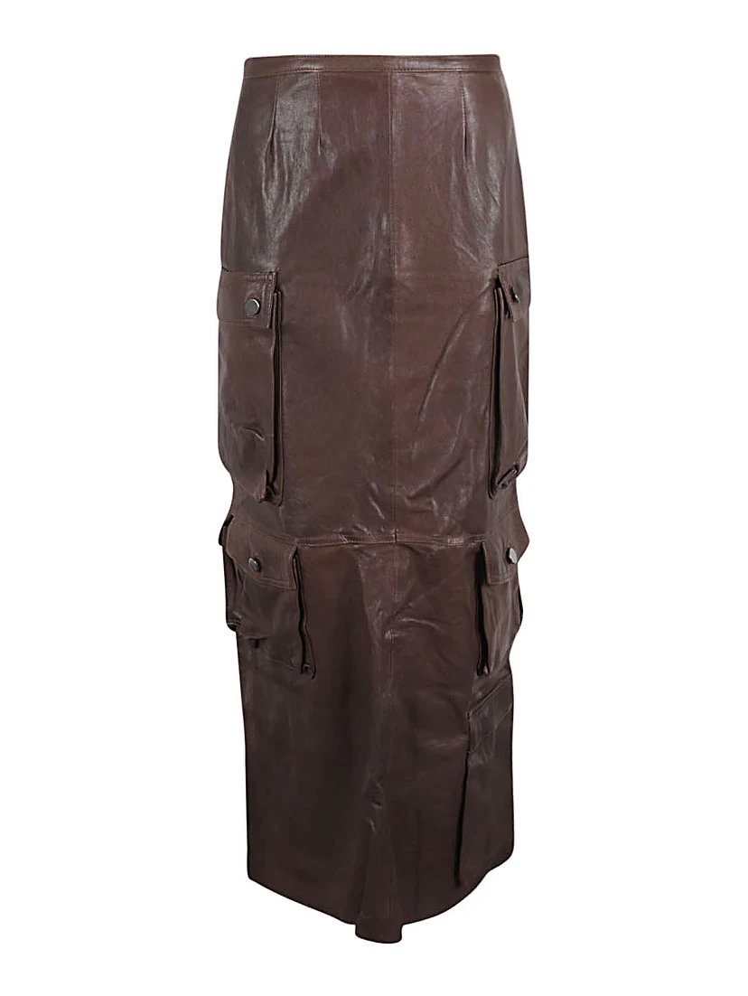 Leather Cargo Long Skirt In Brown