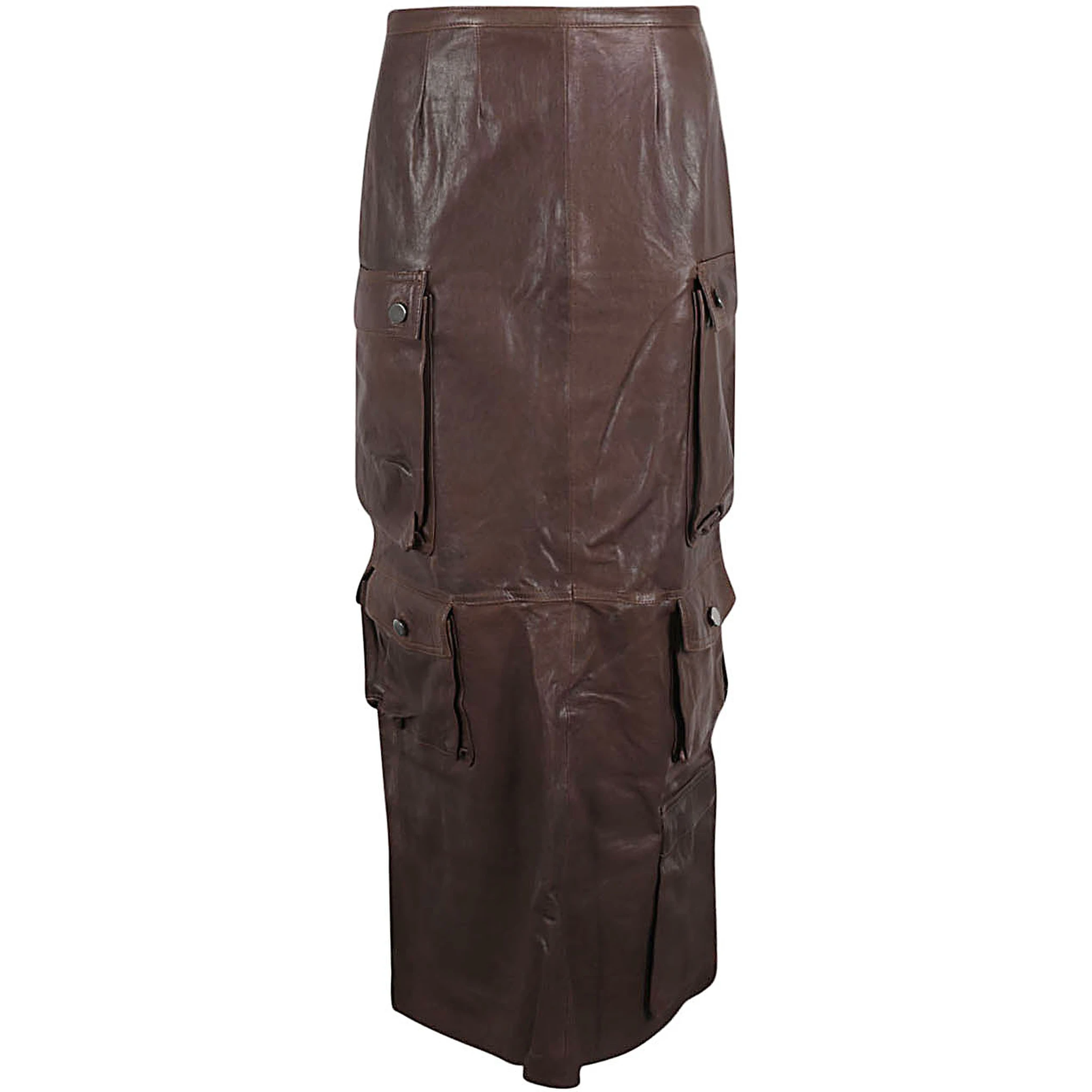 Leather Cargo Long Skirt In Brown