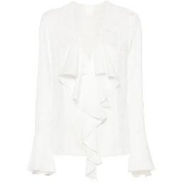Womens White V-neck Ruffle-trim Silk Blouse