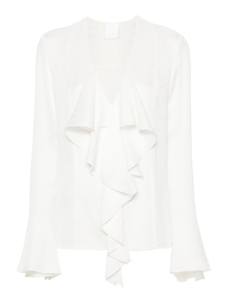 Womens White V-neck Ruffle-trim Silk Blouse