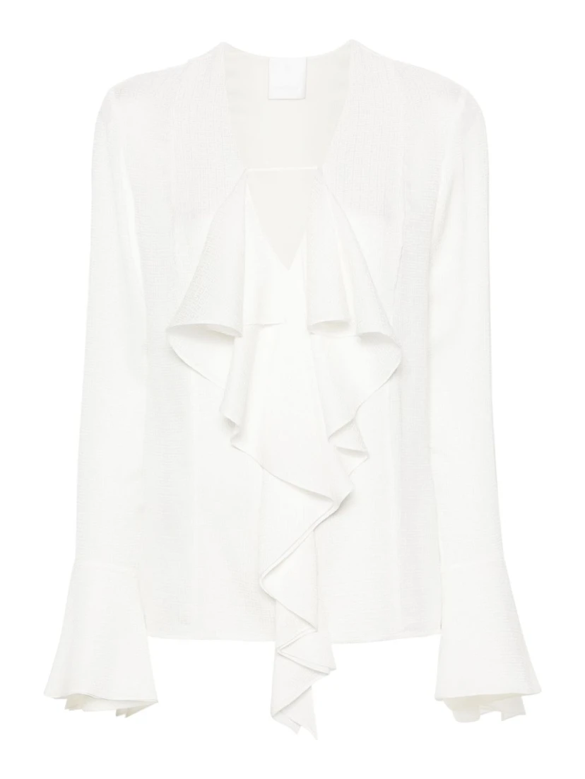 Womens White V-neck Ruffle-trim Silk Blouse