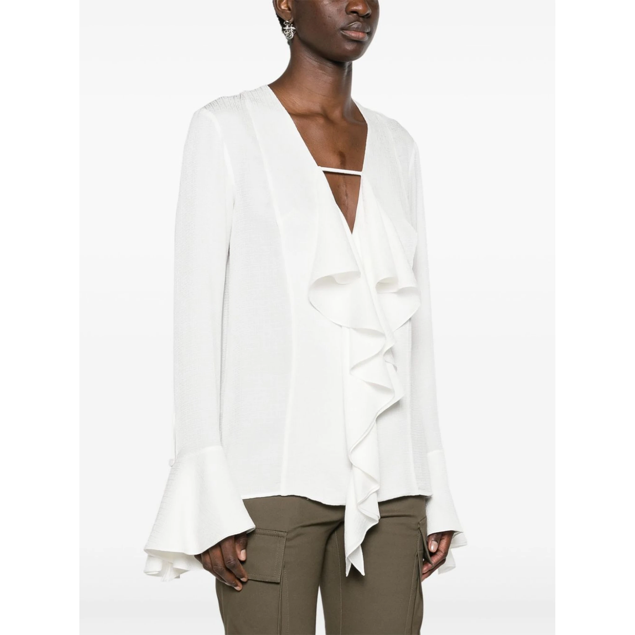 Womens White V-neck Ruffle-trim Silk Blouse