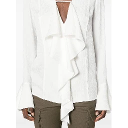 Womens White V-neck Ruffle-trim Silk Blouse