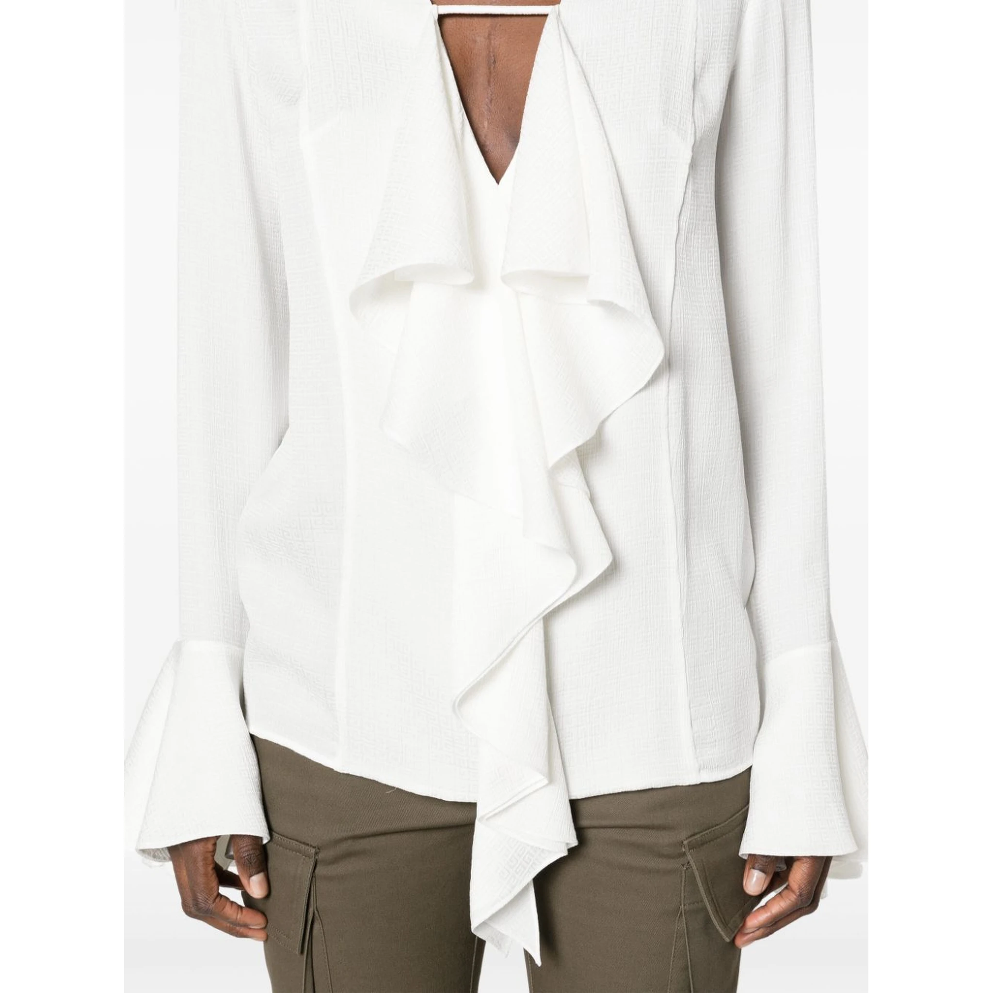 Womens White V-neck Ruffle-trim Silk Blouse
