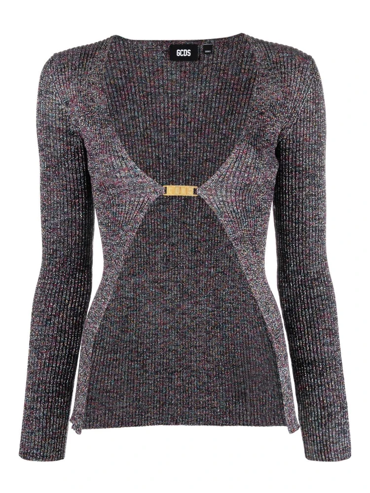 Glittered Knit V-neck Cardigan In Grey