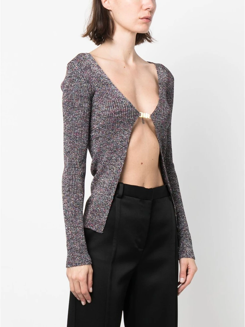 Glittered Knit V-neck Cardigan In Grey