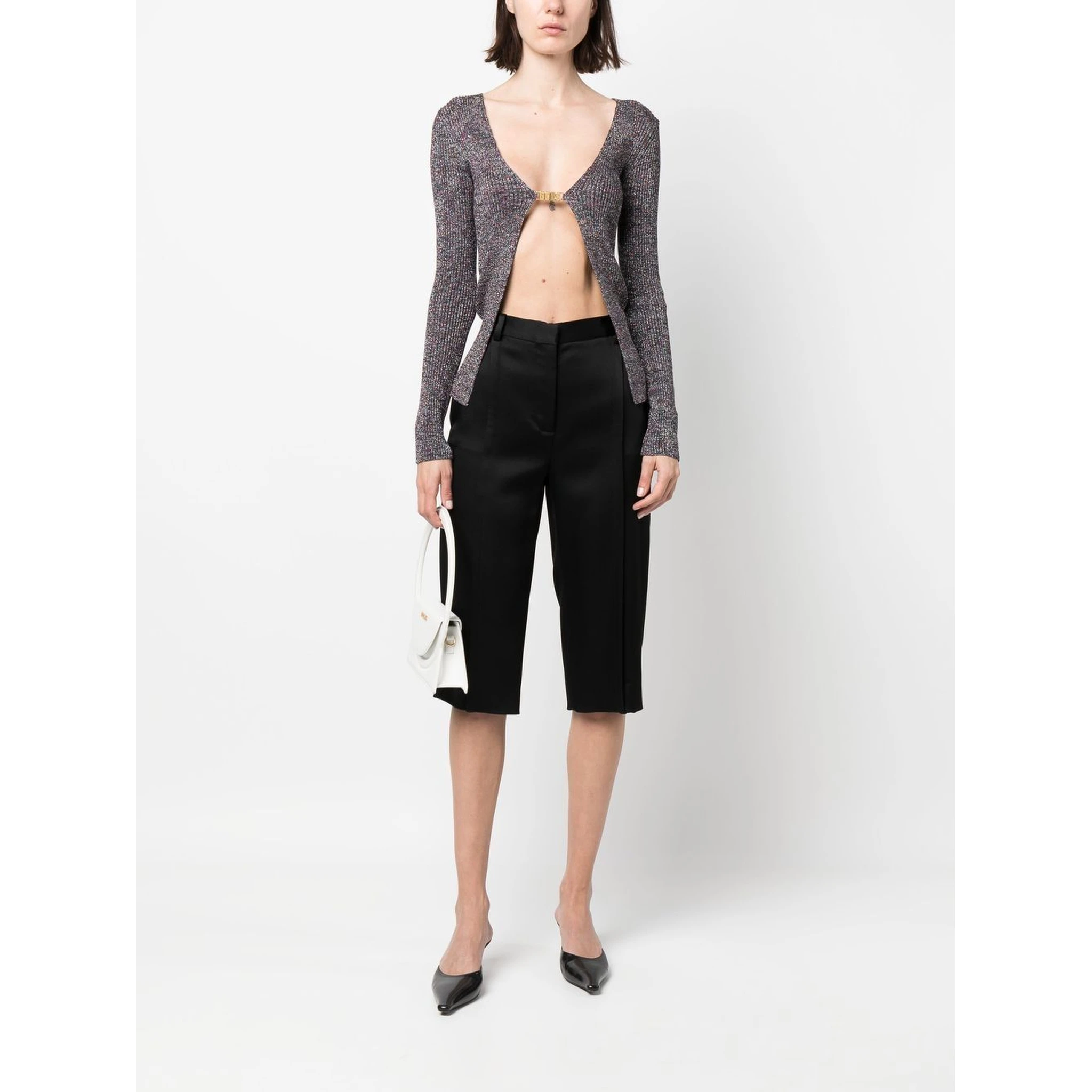 Glittered Knit V-neck Cardigan In Grey