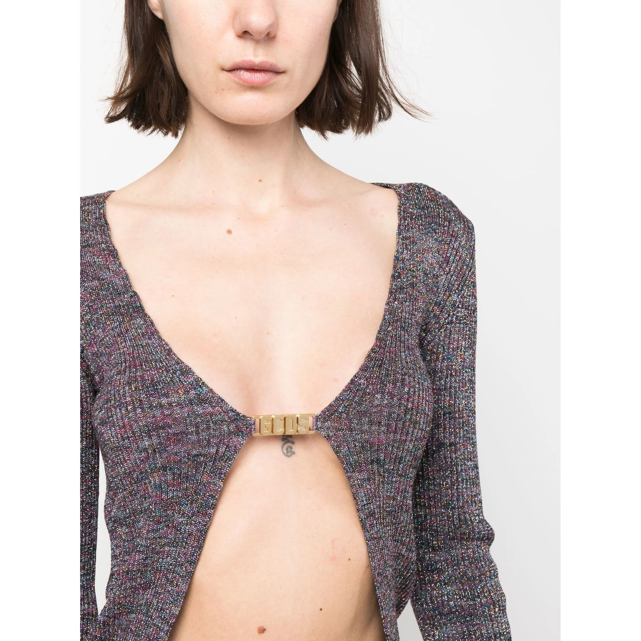 Glittered Knit V-neck Cardigan In Grey