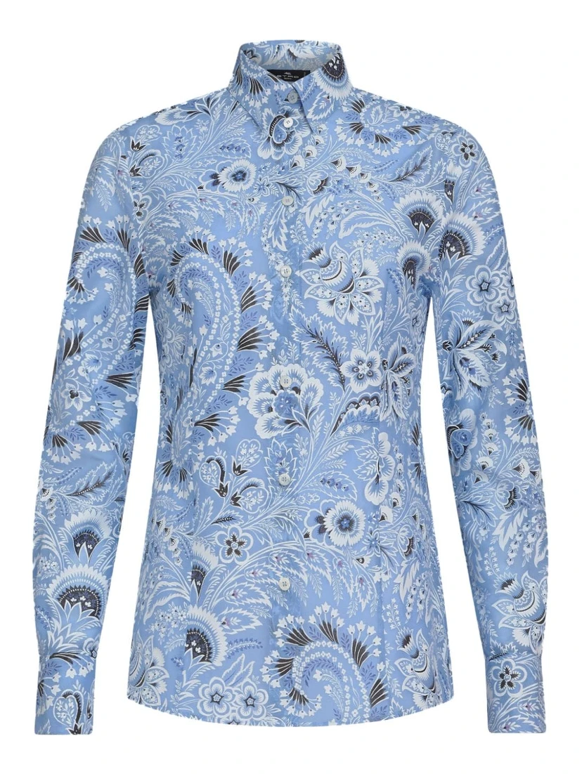 Long-sleeved Button-up Floral Shirt In Blue