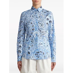 Long-sleeved Button-up Floral Shirt In Blue