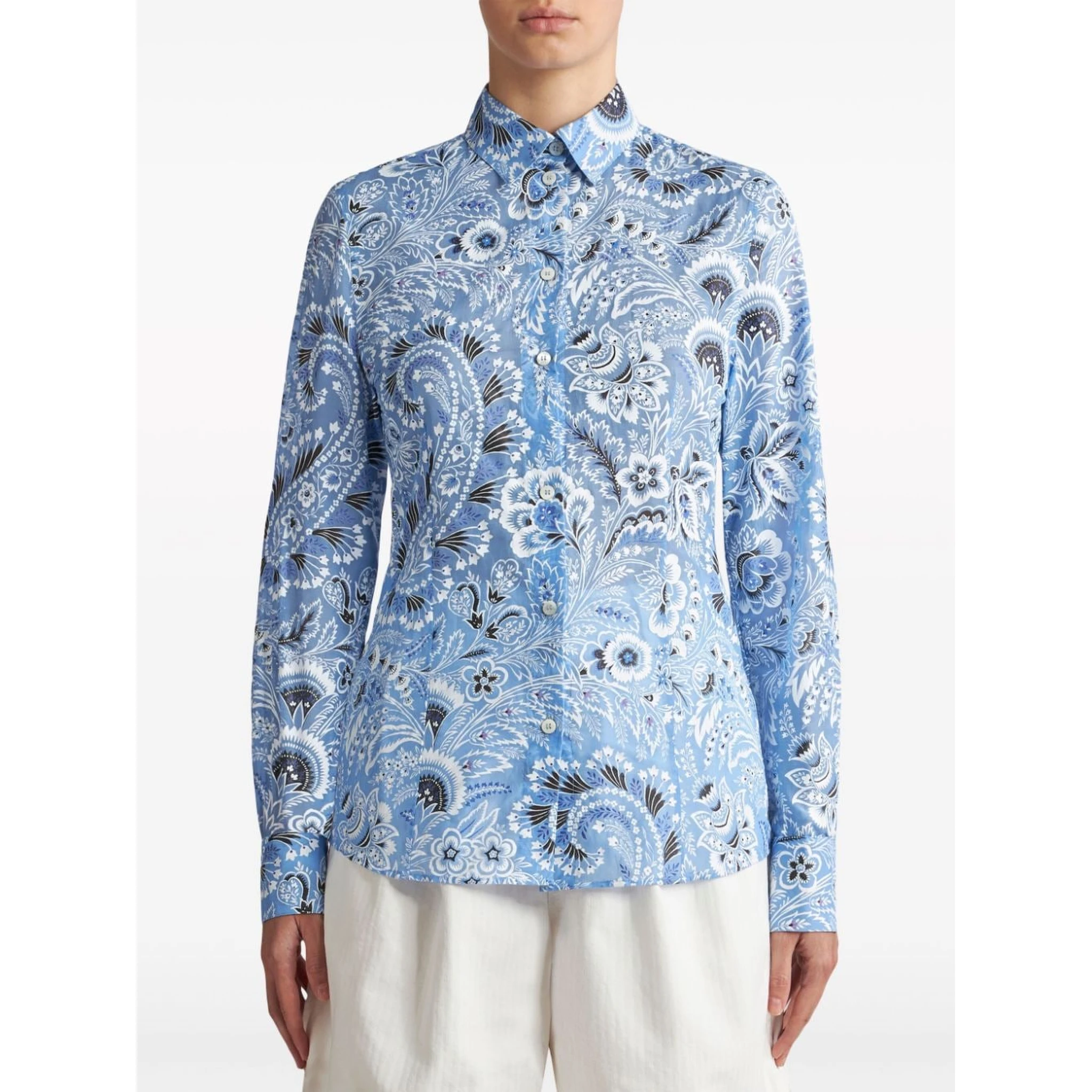 Long-sleeved Button-up Floral Shirt In Blue