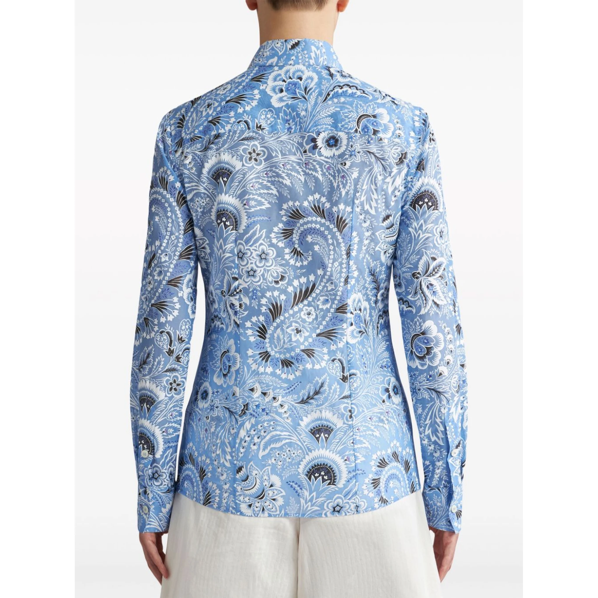 Long-sleeved Button-up Floral Shirt In Blue