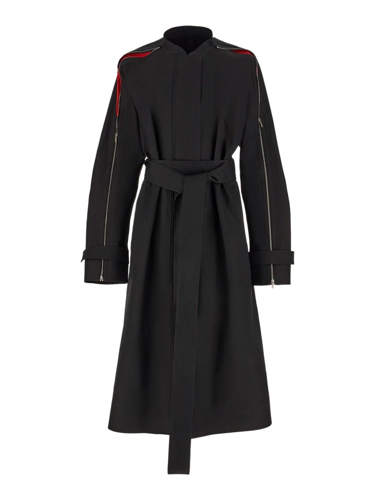 zip-detail belted trench coat