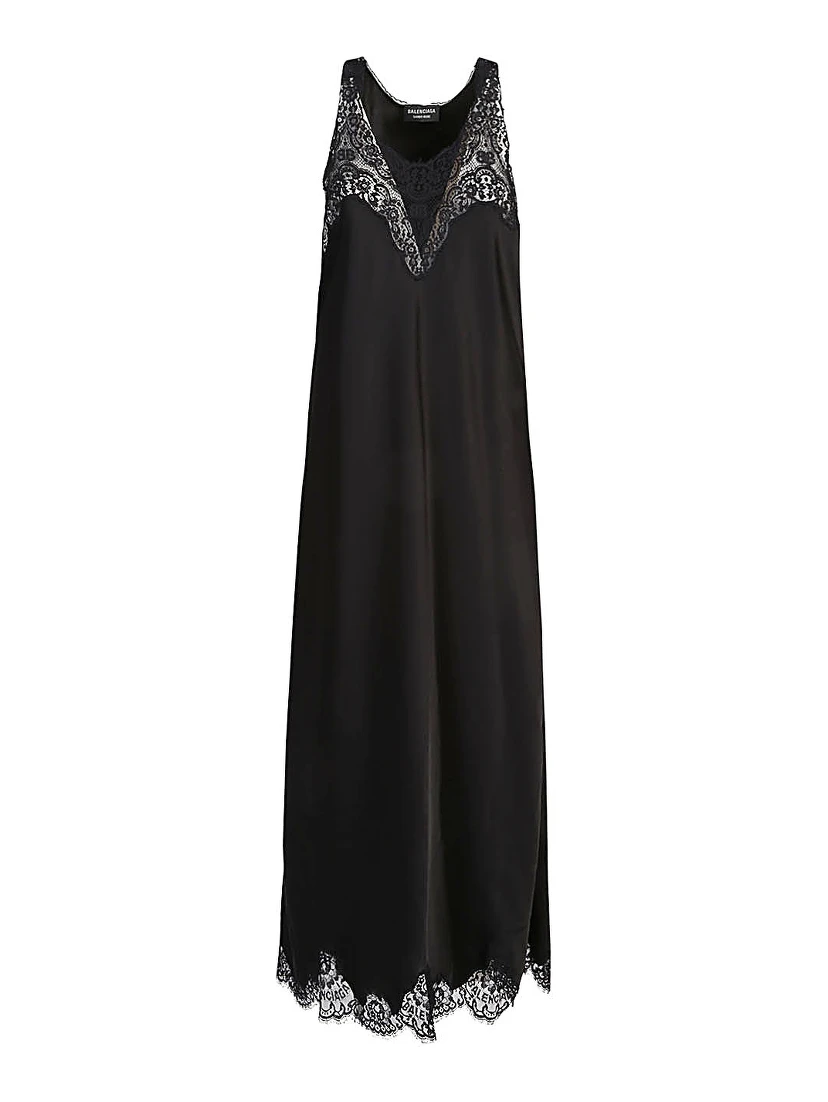 Lace Trim Long Length Sleeveless V-neckline In Black