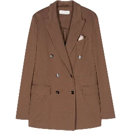 Double-breasted Cotton Blend Jacket With Floral-print Pocket Square In Brown