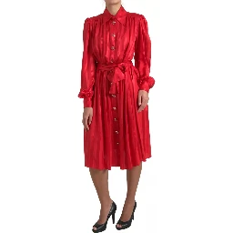 Red Button Down Belted Midi Satin Silk Dress