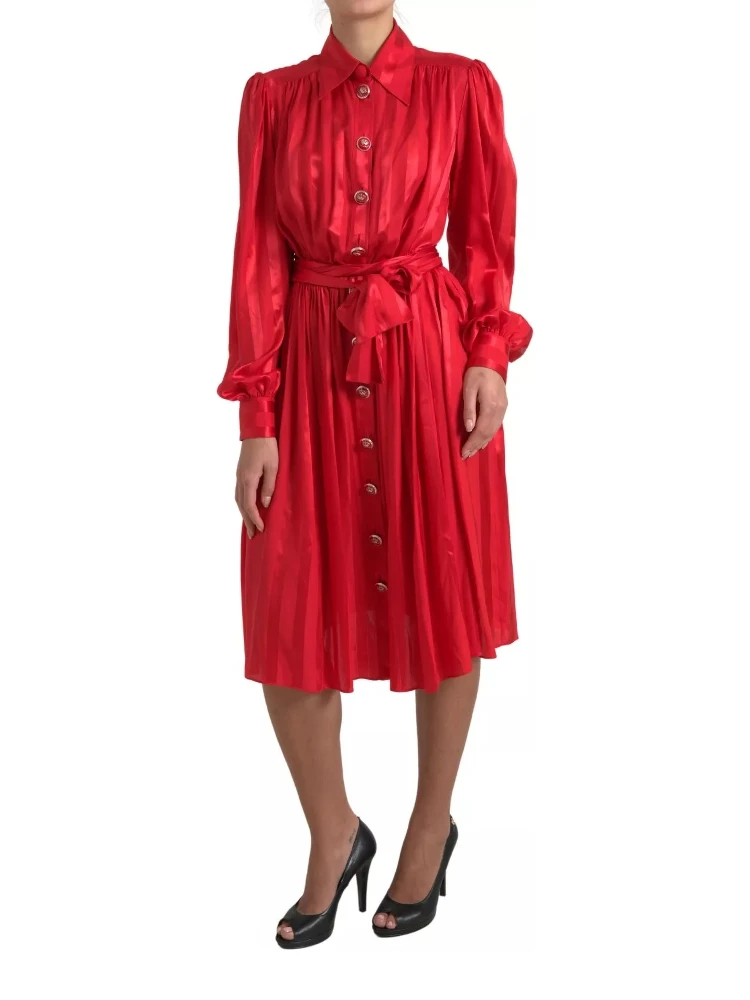 Red Button Down Belted Midi Satin Silk Dress
